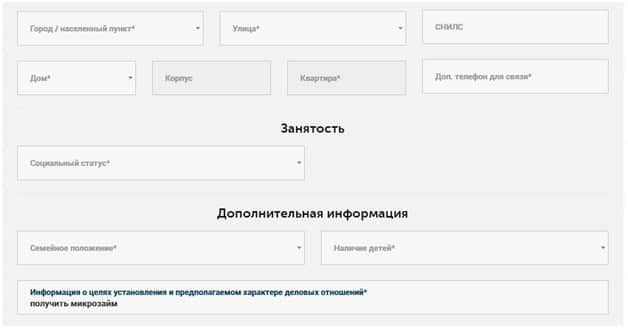 Заполнение данных о месте жительства и занятости Заполнение данных о месте жительства и занятости